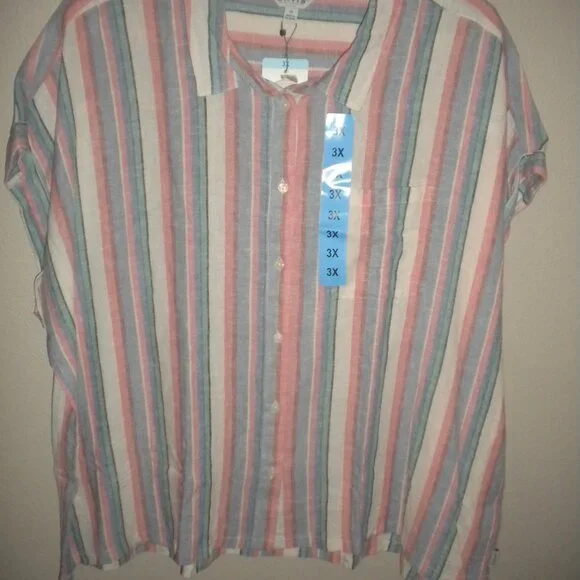 Orvis Women's Plus Size 3X Striped Linen Blend Button Short Sleeve Top NWT - Picture 2 of 5